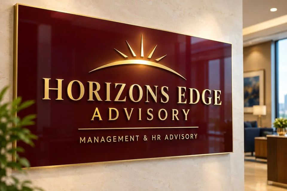 Horizons Edge Advisory nameplate, a burgundy and gold sign in a client reception area