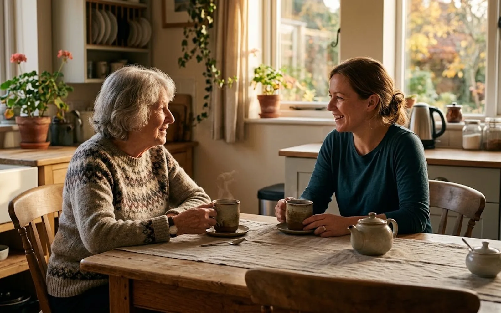 A caregiver and an older adult sitting together at a kitchen table with tea
