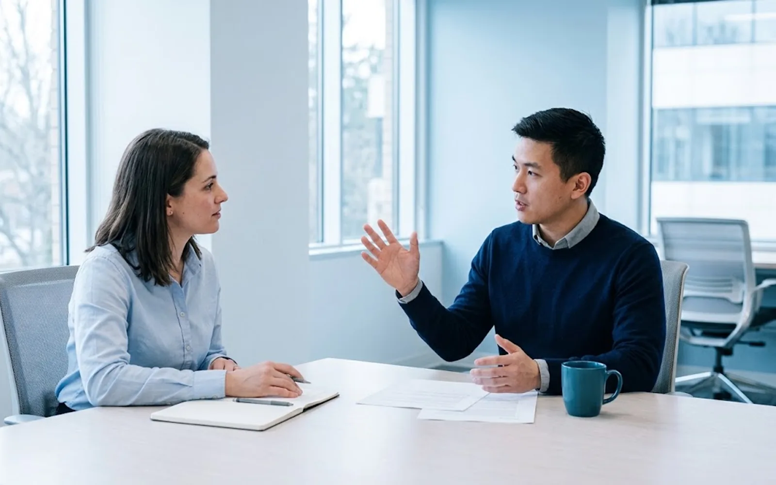 Two people in conversation across a desk, papers between them