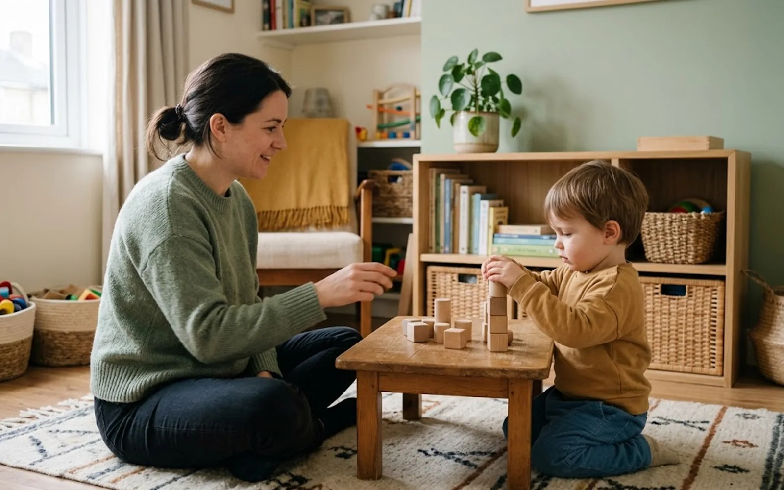 A caregiver and a young child at a low table in a family living room